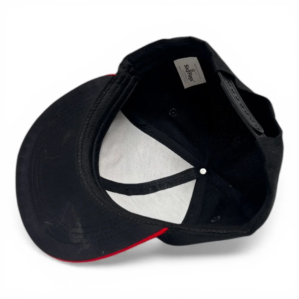 Six Flags Savage Snapback‎ Hat Mens OSFA Black Red Flat Brim 3D Embroidered Cap